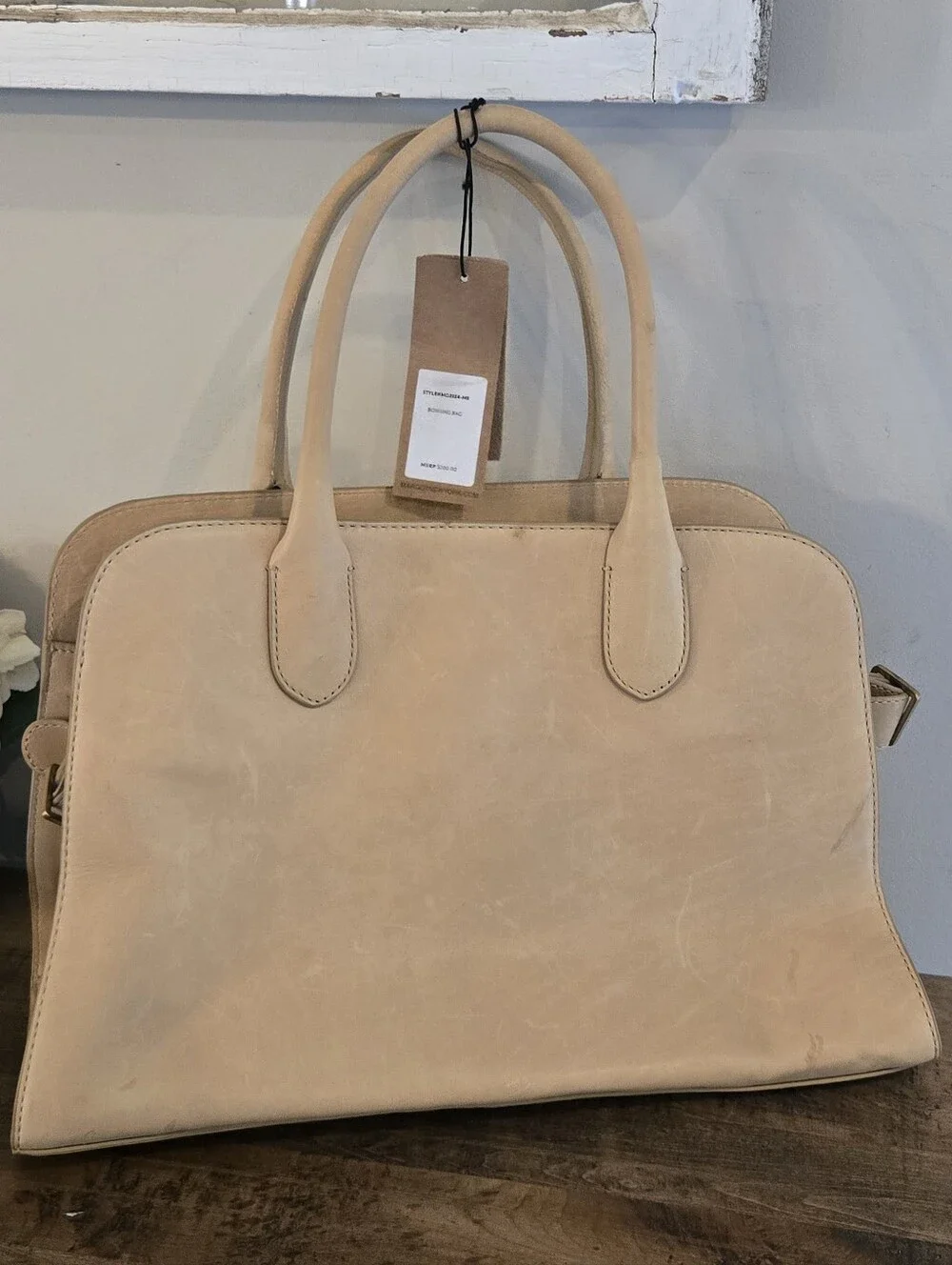 Margot New York Genuine Leather Bowling Bag in color Sand